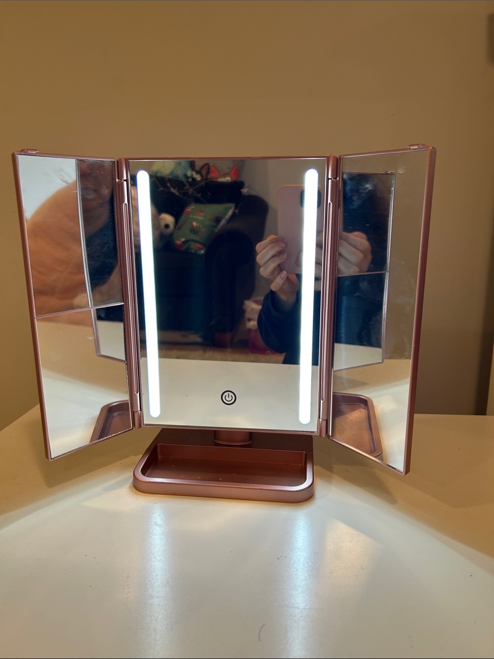 LED Lighted Tri-Fold Makeup Mirror | Rose Gold Vanity Mirror | Folding Cosmetic - Picture 2 of 3